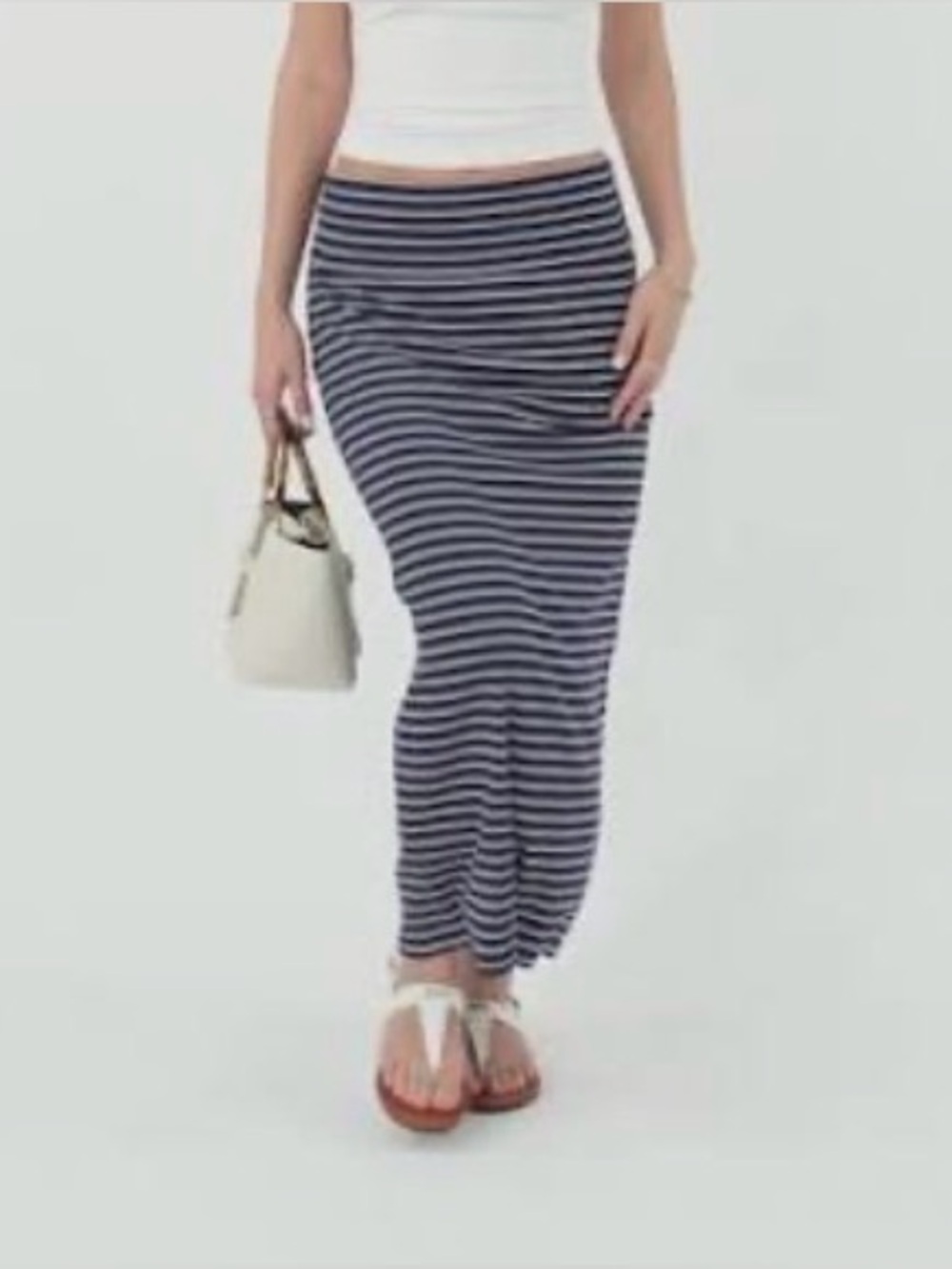 OGL NWT Low Rise Folded Waist Navy White Striped Midi Skirt Women's M